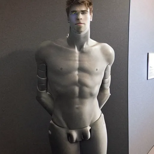 Image similar to “ a realistic detailed photo of a guy who is an attractive humanoid who is half robot and half humanoid, who is a male android, actor liam hemsworth, shiny skin, posing like a statue, blank stare, at the museum, on display ”