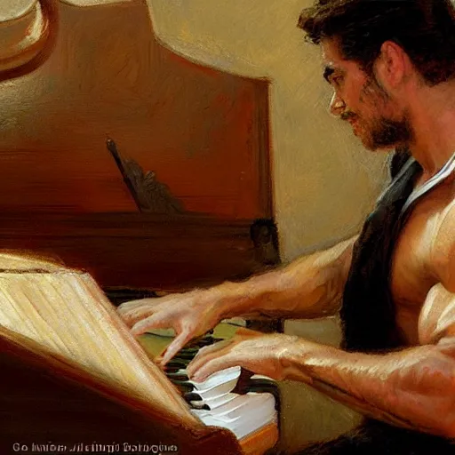 Image similar to a man playing piano, muscular, detailed face, correct face, painting by Gaston Bussiere, Craig Mullins