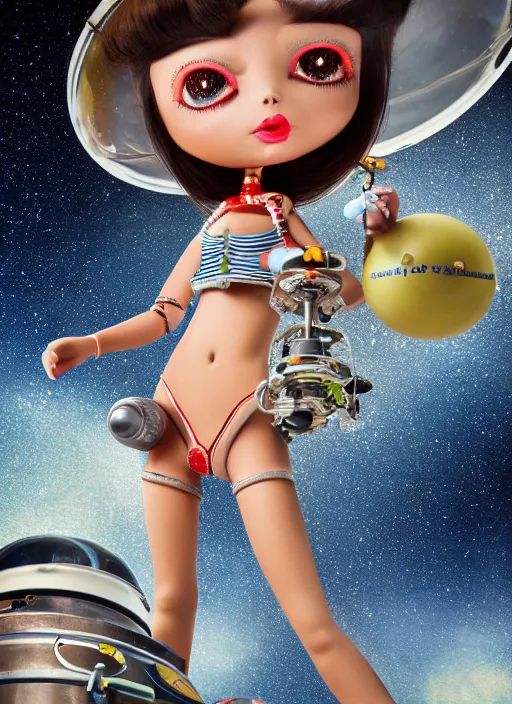 Image similar to closeup portrait of tin toy bikini spacegirl in a spaceship on venus, depth of field, zeiss lens, detailed, symmetrical, centered, fashion photoshoot, by nicoletta ceccoli, mark ryden, lostfish, breathtaking, 8 k resolution, extremely detailed, beautiful, establishing shot, artistic, hyperrealistic, octane render