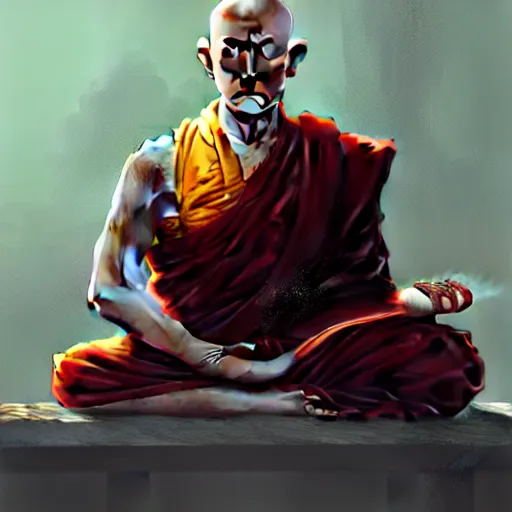 Image similar to ultra realistic illustration, buddhist monk meditating, cyberpunk, sci-fi, fantasy, intricate, elegant, highly detailed, digital painting, trending on artstation, sharp focus, illustration art in the style of artgerm, by greg rutkowski, by albrecht durer W 1024