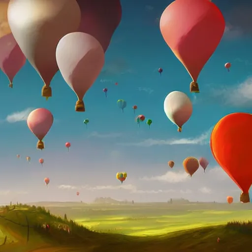 Image similar to digital art of plenty of birthday balloons floating above a beautiful countryside. artstation cgsociety masterpiece