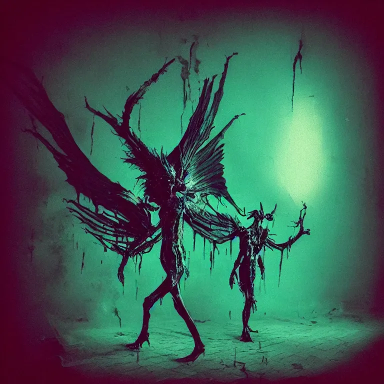 Image similar to a dark artistic photo of an alien creature with crazy wings, liminal eerie midnight backlit, big budget horror, a polaroid photo, bleeding decaying colors!