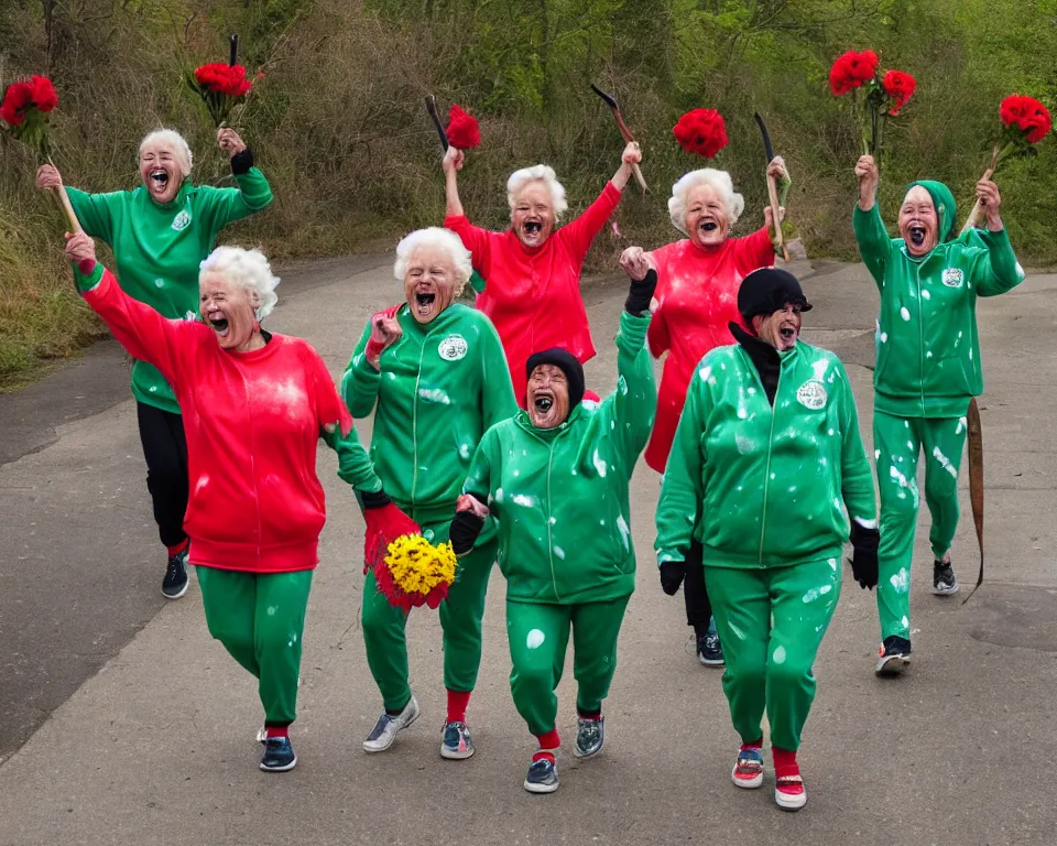 Image similar to a gang of old ladies waving machetes, and carrying flowers, and wearing green Umbro track suits and red splatters laughing maniacally and screaming