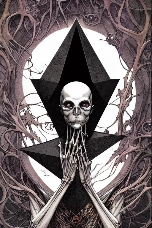 Prompt: artgerm, joshua middleton, mucha, beksinski, moebius, heavy metal comic cover art, psychedelic triangular skeletal calcification fungus lich, full body, hollow eyes, symmetrical face, long black crown, in a dungeon background, moody dark colors