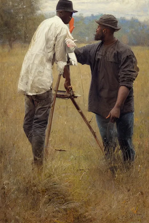 Image similar to Solomon Joseph Solomon and Richard Schmid and Jeremy Lipking painting full length portrait painting of a young man going to work in the field