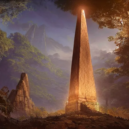 Prompt: giant stone obelisk, intricate detailed glowing engravings, D&D, Magic The Gathering, by Craig Mullins, ornate, amazonian forest, volumetric lighting