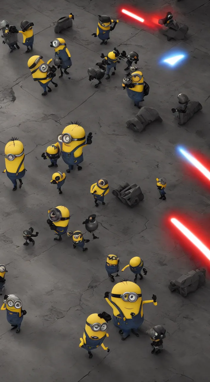Image similar to minions fight darth vader, super realistic, super detailed, high octane, photorealistic, rendering 8 k, 8 k octane, unreal engine,