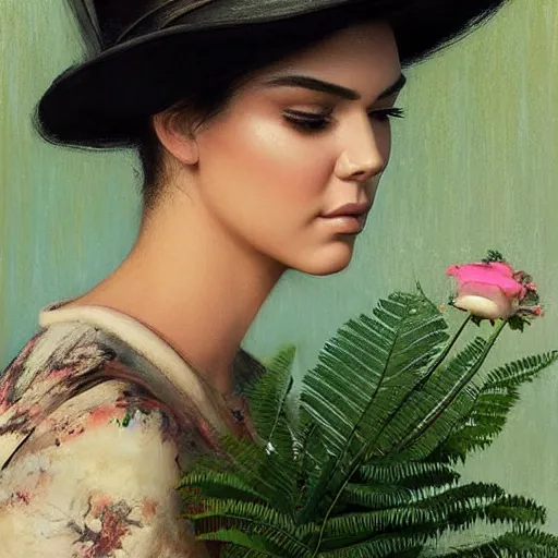 Image similar to happy very thick paint brush strokes paint texture full body fashion model kendall jenner by Jeremy Lipking by Hasui Kawase by Richard Schmid (((smokey eyes makeup eye shadow fantasy, glow, shimmer as victorian woman in a long white frilly lace dress and a large white hat having tea in a sunroom filled with flowers, roses and lush fern flowers ,intricate, night, highly detailed, dramatic lighting))) , high quality