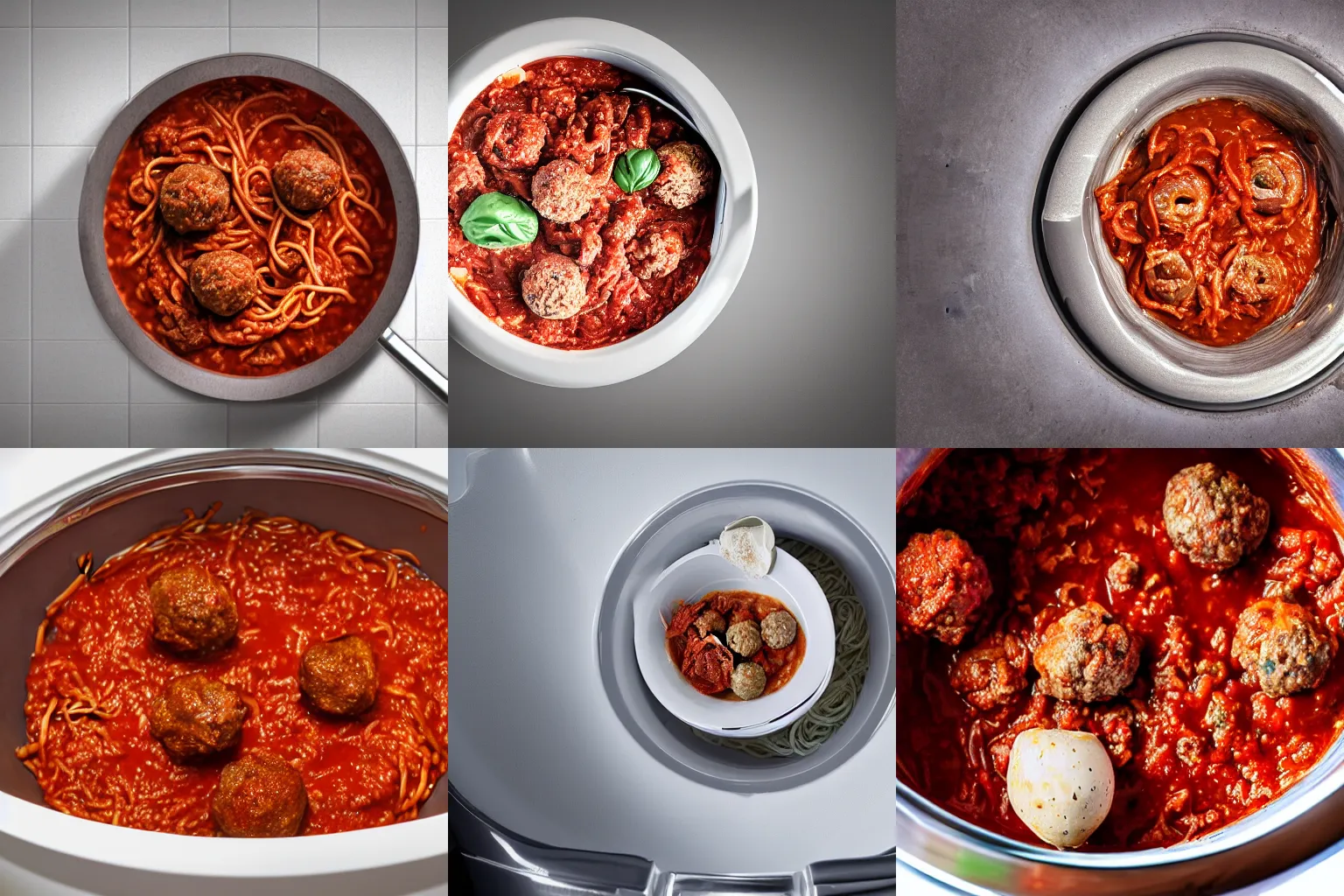 Prompt: Photorealistic image of a Toilet bowl located in a dirty public bathroom with gourmet spaghetti Bolognese and meatballs inside of the toilet bowl.