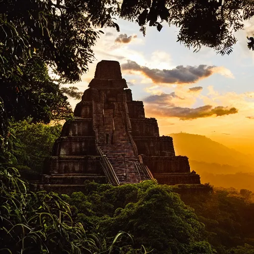 Prompt: vintage photo of an aztec temple over the canopy of a vast jungle at sunset with dramatic clouds, photo journalism, photography, cinematic, national geographic photoshoot