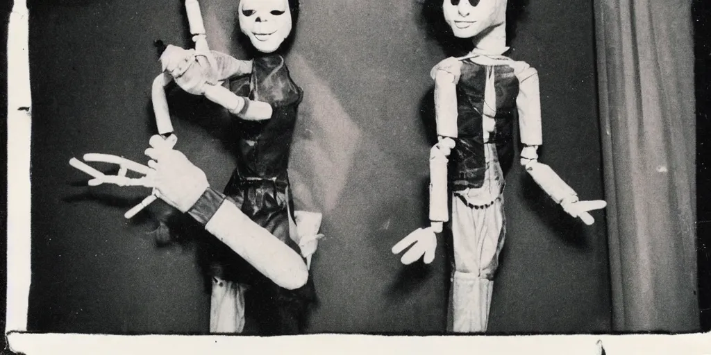 Image similar to 1 9 7 0 s female alive, eerie, creepy masked marionette puppet, unnerving, clockwork horror, pediophobia, lost photograph, dark, forgotten, final photo found before disaster, realistic, polaroid,