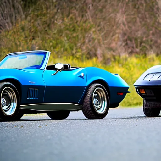 Image similar to blue 1 9 6 9 corvette and a silver 1 9 9 9 miata. 3 5 mm 8 k