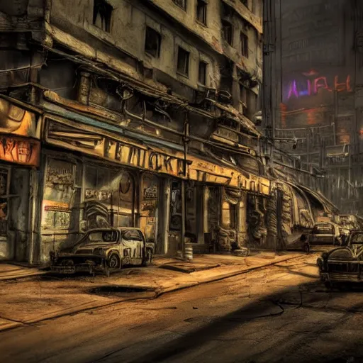 Image similar to post apocalyptic dieselpunk city , highly detailed, 4k, HDR, award-winning photo, glowave neon