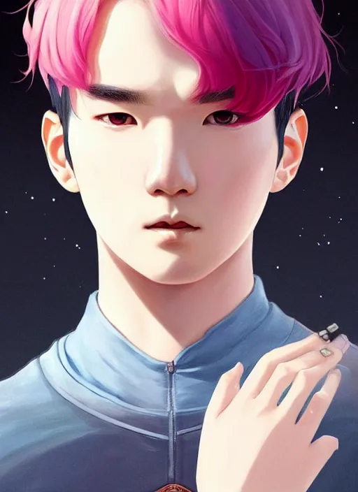 Prompt: : + aesthetic portrait commission of a of MIN YOONGI SPOCK + VEINY HANDS + hyperdetailed face at golden hour, safe for work (SFW). Character design by charlie bowater, ross tran, artgerm, and makoto shinkai, detailed, 2021 award winning film poster painting