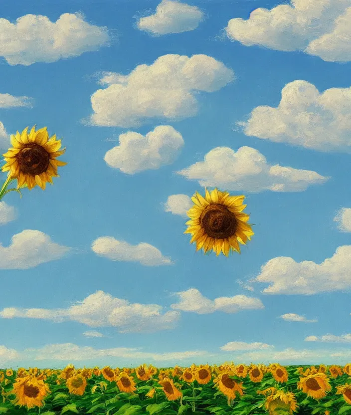 Image similar to a highly detailed sunflower field, baby blue sky with very aesthetic stylized clouds, in the style of edward hopper, very fine brushstrokes, 4 k,