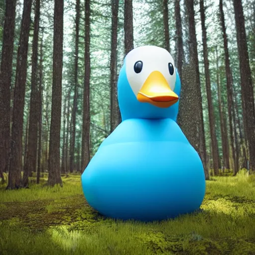 Prompt: massive inflatable duck in the middle of the forest, sky view, 3d octane render