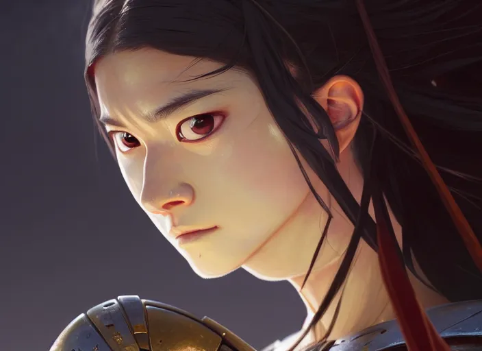 Image similar to a film still portrait of a warrior woman, finely detailed features, closeup at the face, sharp focus, perfect art, at lush forest background, cinematic lighting, intricate, anime!! gapmoe grimdark, artstation, trending on pixiv fanbox, painted by greg rutkowski makoto shinkai takashi takeuchi studio ghibli, akihiko yoshida