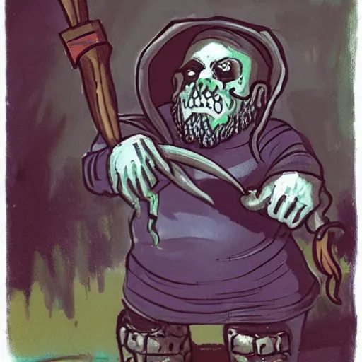 Prompt: gouache of a dwarf necromancer fixing up a zombie