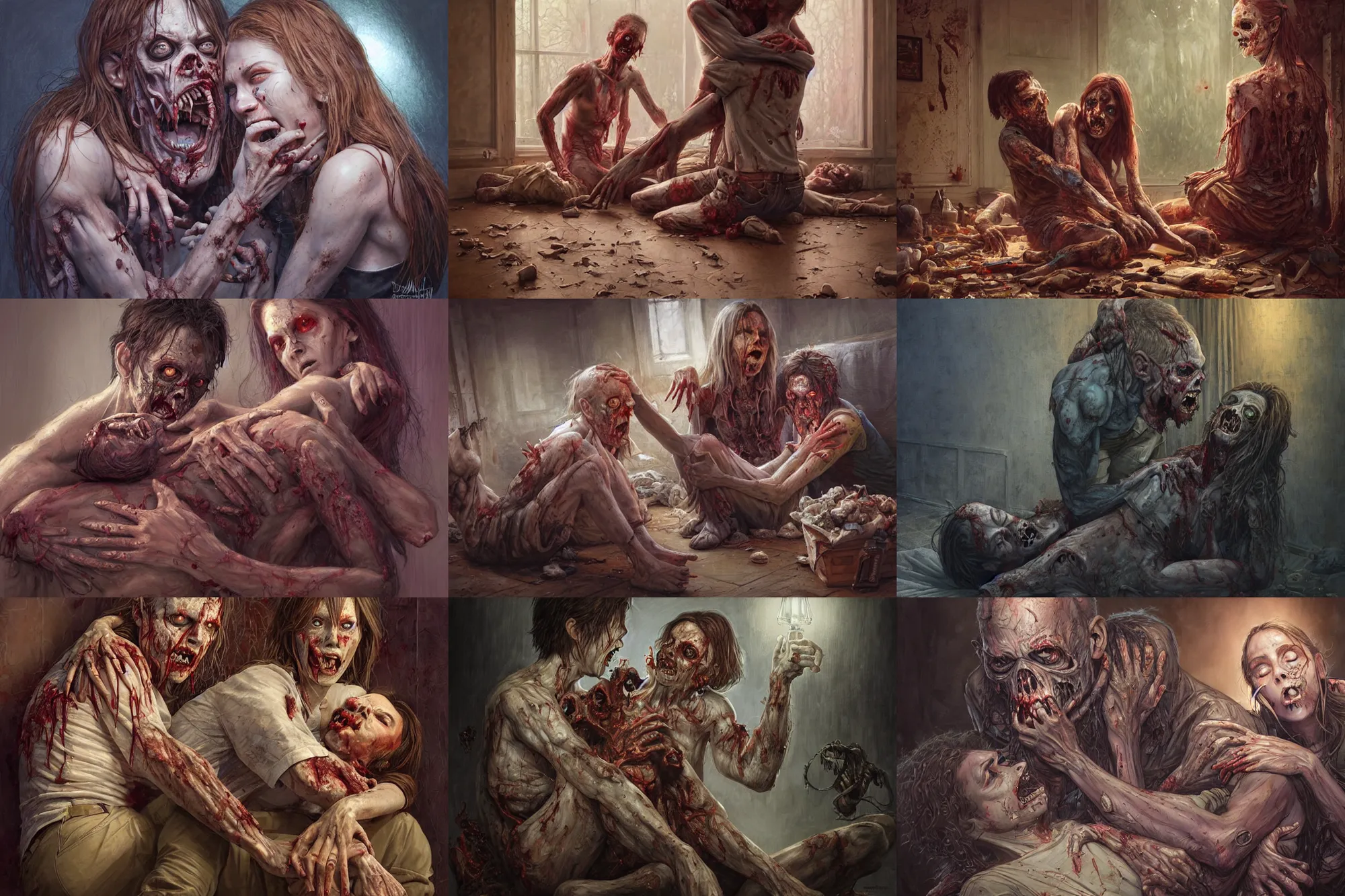 Prompt: zombie man sitting on the floor while devouring a woman, hugging each other in living room of a modern kentucky house, | highly detailed | very intricate | symmetrical | cinematic lighting | award - winning | closeup portrait | painted by donato giancola and mandy jurgens and rossdraws and rhads | featured on artstation