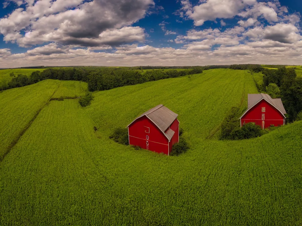 Image similar to Intricate detailed lush ravine with an isolated red barn next to a wheat crop at noon. Wide angle shot, surreal, Anato Finnstark.