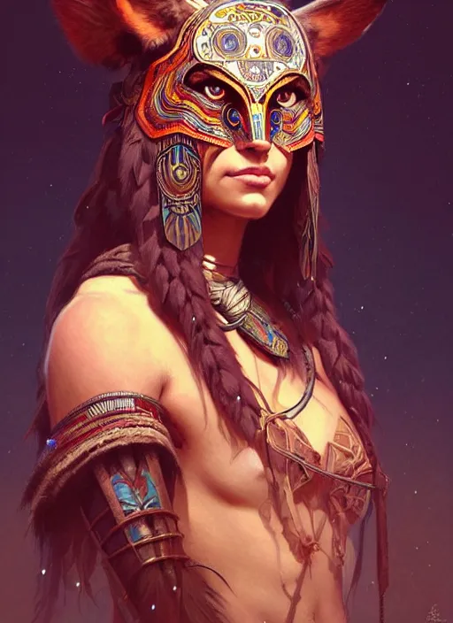 Image similar to portrait of shaman beautiful girl, intrigante, wolf mask, headshot, highly detailed, digital painting, artstation, concept art, sharp focus, cinematic lighting, illustration, art by artgerm and greg rutkowski, alphonse mucha, cgsociety