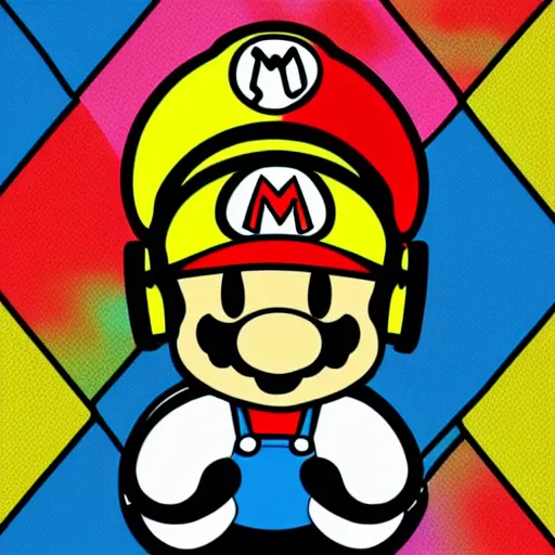 Prompt: svg sticker of a Pop-Wonder SuperMario, Mario-Wearing-a-red-hat, at a rave, spinning records, giant headphones rocking out, wearing headphones, huge speakers, dancing, rave, DJ, spinning records, digital art, amazing composition, rule-of-thirds, award-winning, trending on artstation, featured on deviantart