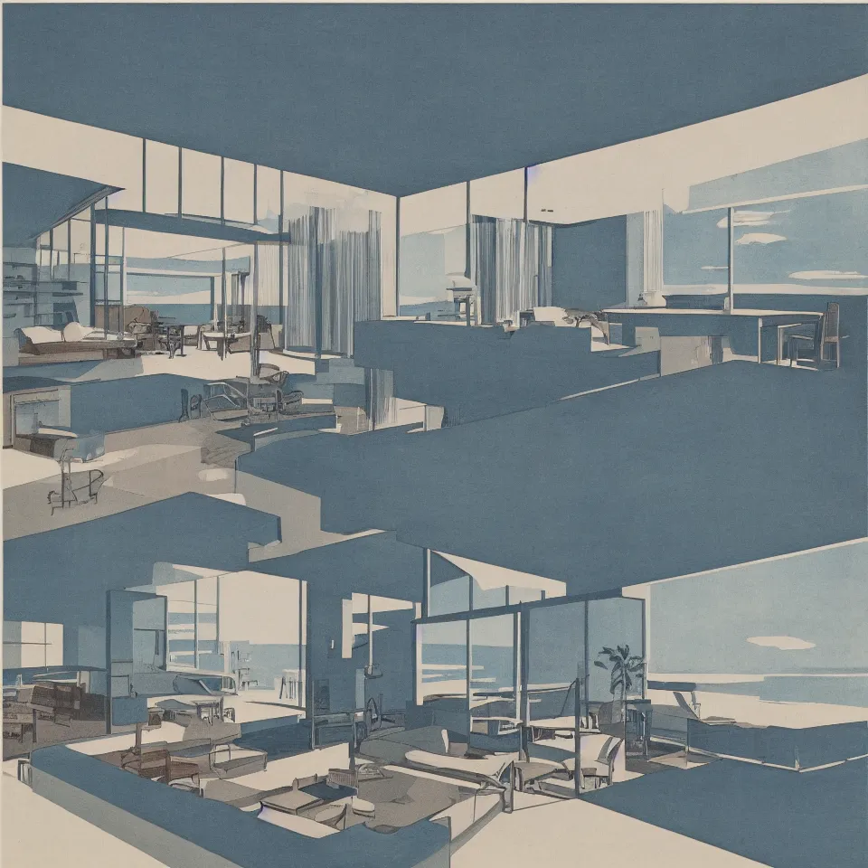 Prompt: architecture ad for a mid-century modern house on the beach, designed by Miles van der rohe. Film grain, cinematic, colorized, blue hue