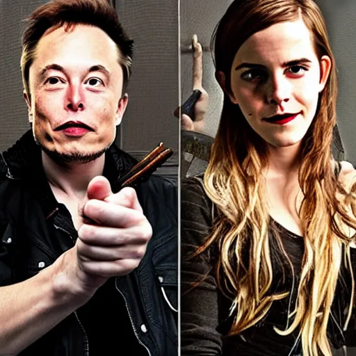 Prompt: elon musk and emma watson on a metal album cover