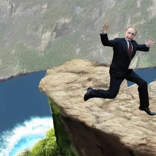 Image similar to putin jumping off a cliff hyper realistic, 4k, 8k, cinematik.