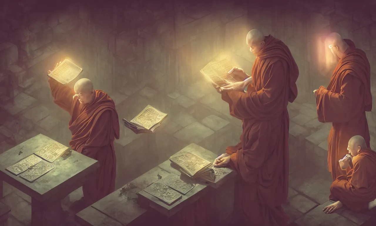 Prompt: monks in distrust, kerberos realm, service ticket close up, wizard reading a directory, nordic pastel colors, abandoned railroad, 3 d art, digital illustration, perfect lighting
