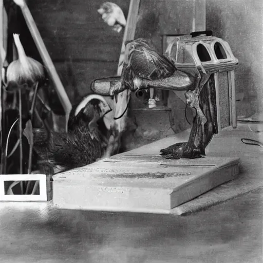 Prompt: a duck inventing the world's first computer, b & w photograph