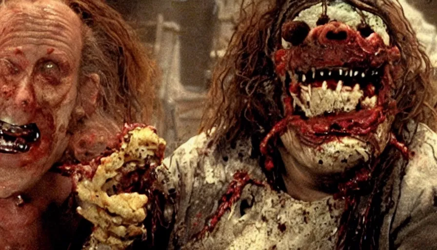 Image similar to a disgusting vile Ronald mcdonald monster eating a man from The Thing, by Cronenberg and greg nicotero special fx