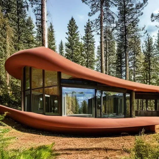 Image similar to a large modern cabin, with curved shapes and ergonomic design,