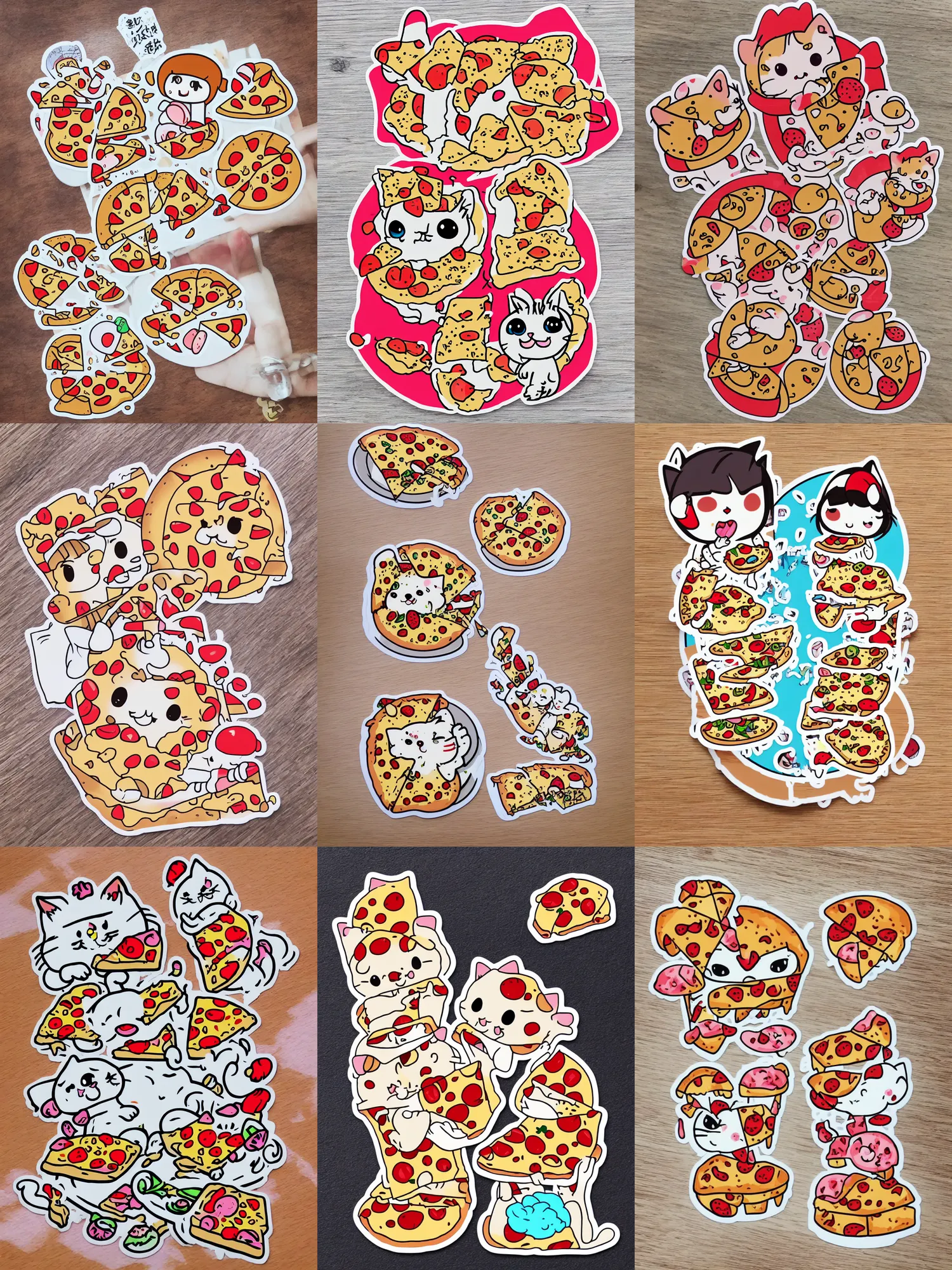 Prompt: sticker of chibi cute cat eating pizza, Japanese kawaii style