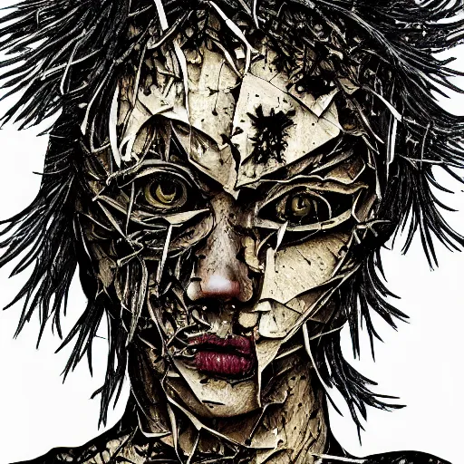 Image similar to face shredded like paper, dark horror, surreal, illustration, by ally burke