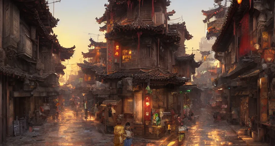 Image similar to craig mullins and ghibli digital art of chinatown street, sunset alley, in the bustling ancient chinese city, the god of erlang yang jian came from a distance, unreal engine, hyper realism, realistic shading, cinematic composition, realistic render, octane render, detailed textures, photorealistic, wide shot