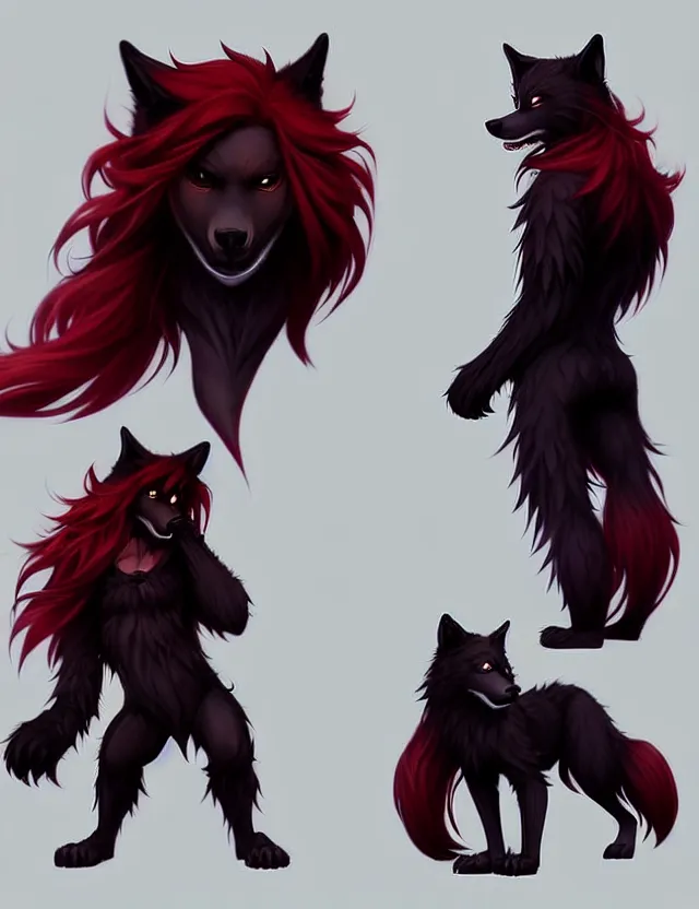 Image similar to character concept art of a black anthropomorphic male furry wolf long red hair | | cute - fine - face, pretty face, key visual, realistic shaded perfect face, fine details by stanley artgerm lau, wlop, rossdraws, james jean, andrei riabovitchev, marc simonetti, and sakimichan, trending on artstation