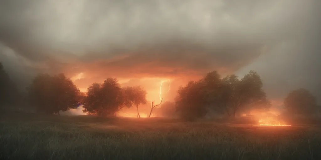 Image similar to valhalla, fog, amazing lightning art, fog, octane render, ray tracing, realistic fire sharp focus, long shot, 8 k resolution, cinematic