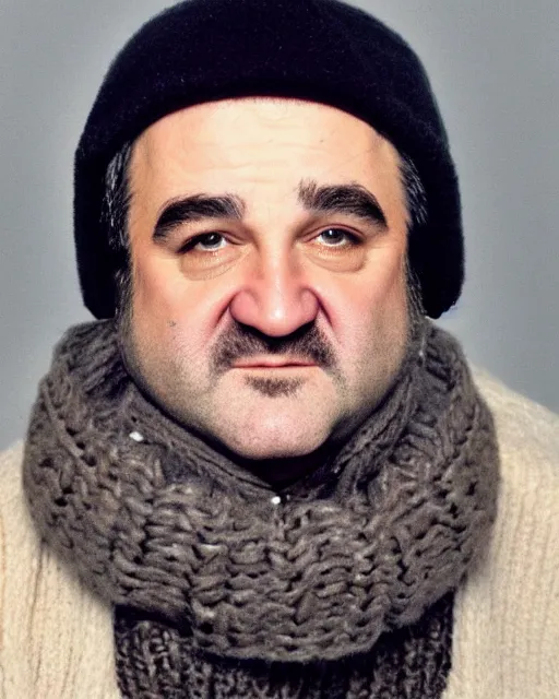 Prompt: headshot of john belushi wearing a russian trapper soviet ushanka bomber hat knitted leather earflap fur lined winter cap and aviator goggles, he is also wearing an a 2 flight jacket, a long white scarf is wrapped around his neck, he has a 5 o'clock shadow, a crazed angry look on his face