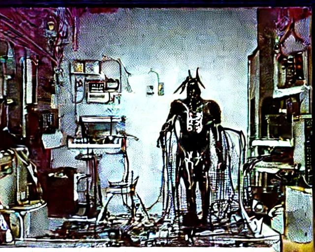 Image similar to el diablo satanas [covered in wires] emerges from a cybercore portal in my disgusting room in the basement, 16 mm