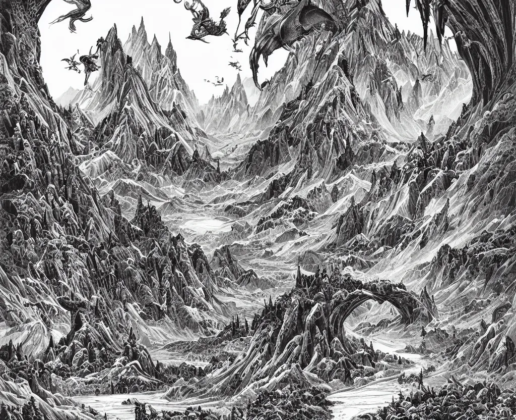 Image similar to impressive fantasy landscape, beautiful line art, ink illustration, pure b&w, white frame