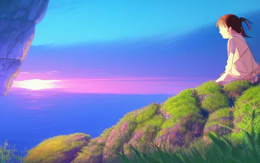 Prompt: a young girl sitting in a fild on a cliff watching a purple sunset, wide shot, art by hayao miyazaki, studio ghibli film, hi res, 4k