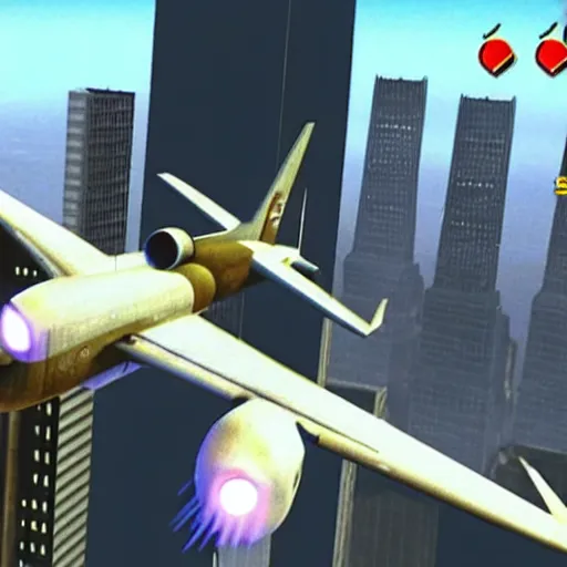 Image similar to a screenshot from the video game super 9 / 1 1, in which players control planes and intend to hit as many towers as possible