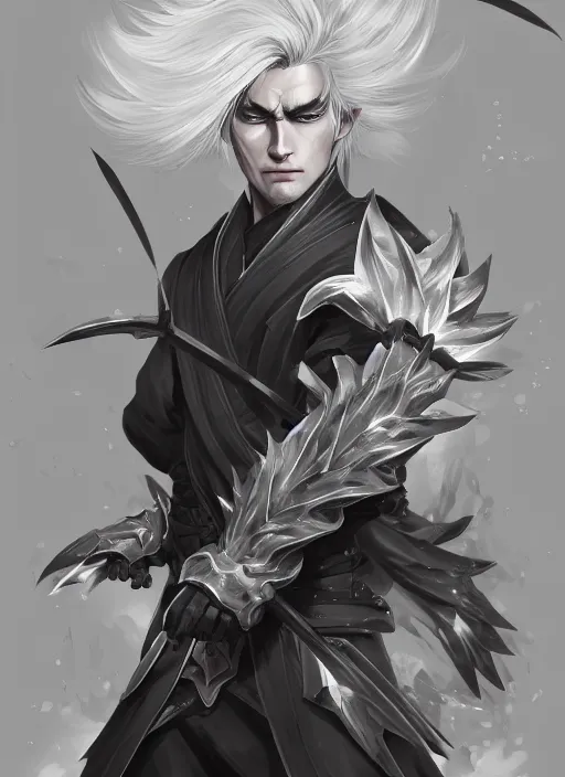Prompt: a highly detailed illustration of fierce white haired parted through the middle young attractive asian man, wearing hakama, with black sclera eyes, heroically battle posing, intricate, elegant, highly detailed, centered, digital painting, artstation, concept art, smooth, sharp focus, league of legends concept art, WLOP