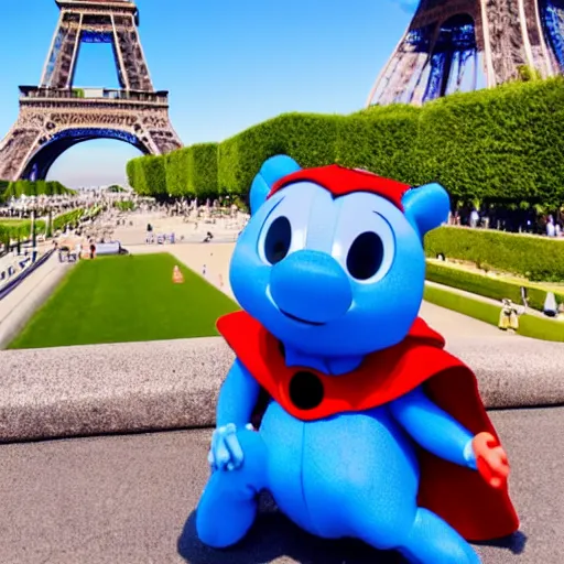 Prompt: Superhero Ladybug from Disney posing in front of the Eiffel tower in front of a blue sky on a sunny day, dynamic camera angle