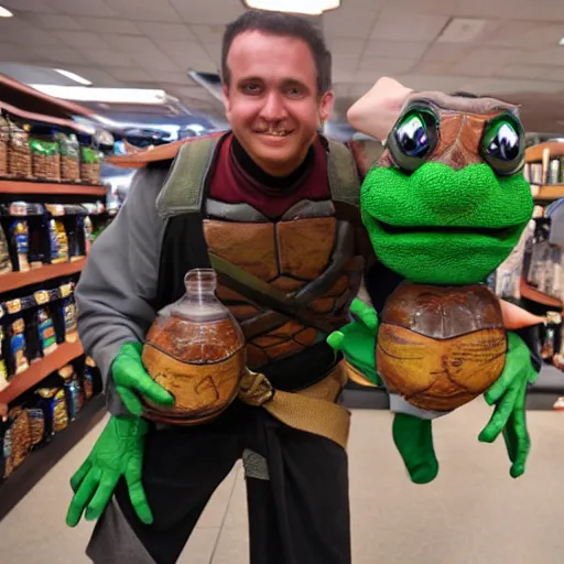 Prompt: Meeting an extraordinary NINJA TURTLE holding two jugs in the backroom of Sears