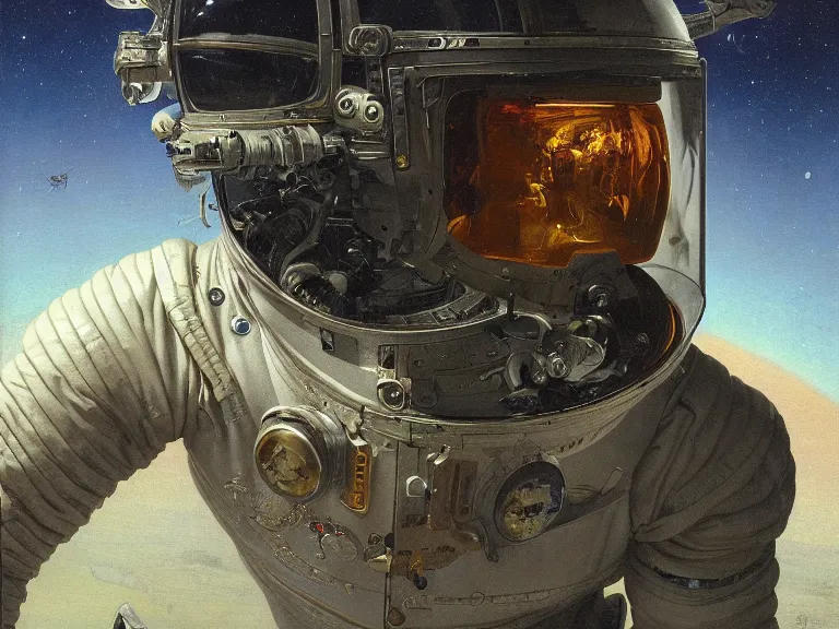 Image similar to a detailed profile oil painting of pilot in a spacesuit with reflective visor, flight suit, portrait symmetrical and science fiction dieselpunk theme with aurora lighting by beksinski carl spitzweg and tuomas korpi. baroque elements, full-length view. baroque element. intricate artwork by caravaggio. Trending on artstation. 8k