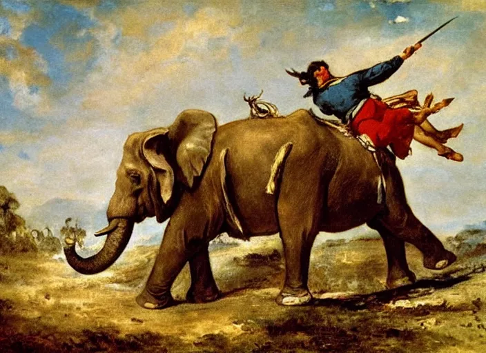 Image similar to romanticism painting of hannibal riding an elephant during the french revolution, by eugene delacroix