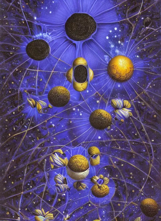 Image similar to detailed, intricate blue black and purple papaverum flower on the field, nebula, galaxy in the sky, winning award masterpiece, fantastically beautiful, illustration, aestheticly inspired, jacek yerka, upscale with anguissola sofonisba work, artstation, 8 k