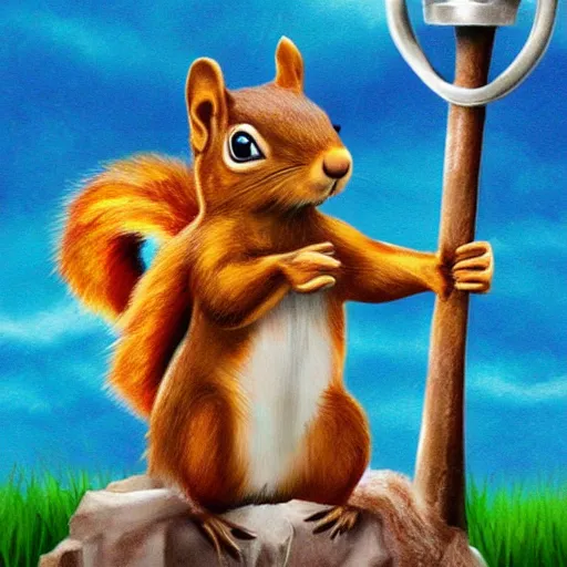 Prompt: the squirrel thor ~ holding his hammer ~ dramatic thunder background ~ trending ~